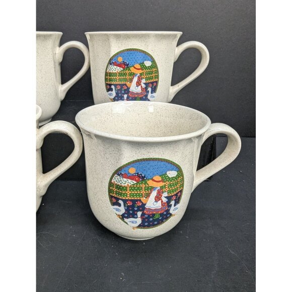 Market Square Plain & Fancy Stoneware Coffee/Tea Cups Girl with Basket Lot of 4 - Picture 3 of 8